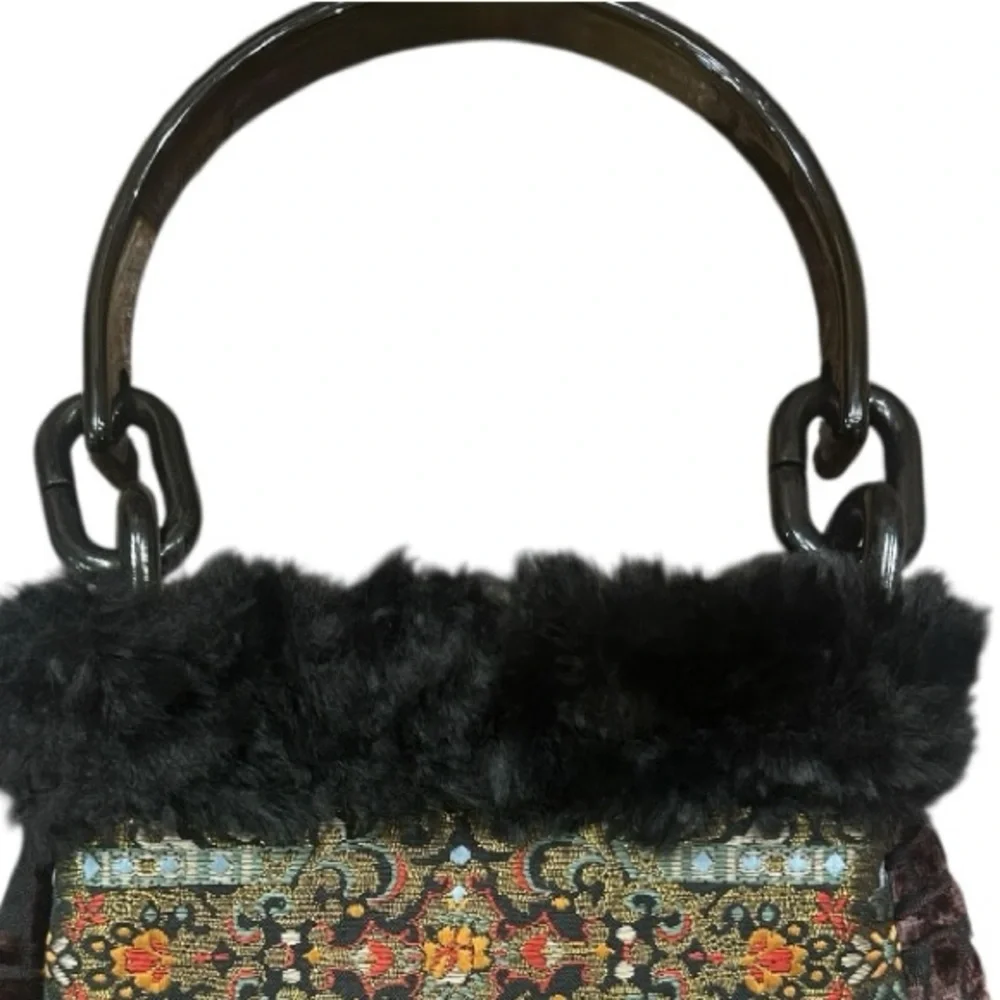Animal Print Boho Style Faux Fur Embroidered Band Beaded Detail Wrist Bag